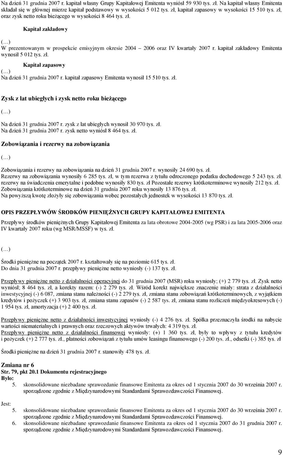 kapitał zakładwy Emitenta wynsił 5 012 tys. zł. Kapitał zapaswy Na dzień 31 grudnia r. kapitał zapaswy Emitenta wynsił 15 510 tys. zł. Zysk z lat ubiegłych i zysk nett rku bieżąceg Na dzień 31 grudnia r.