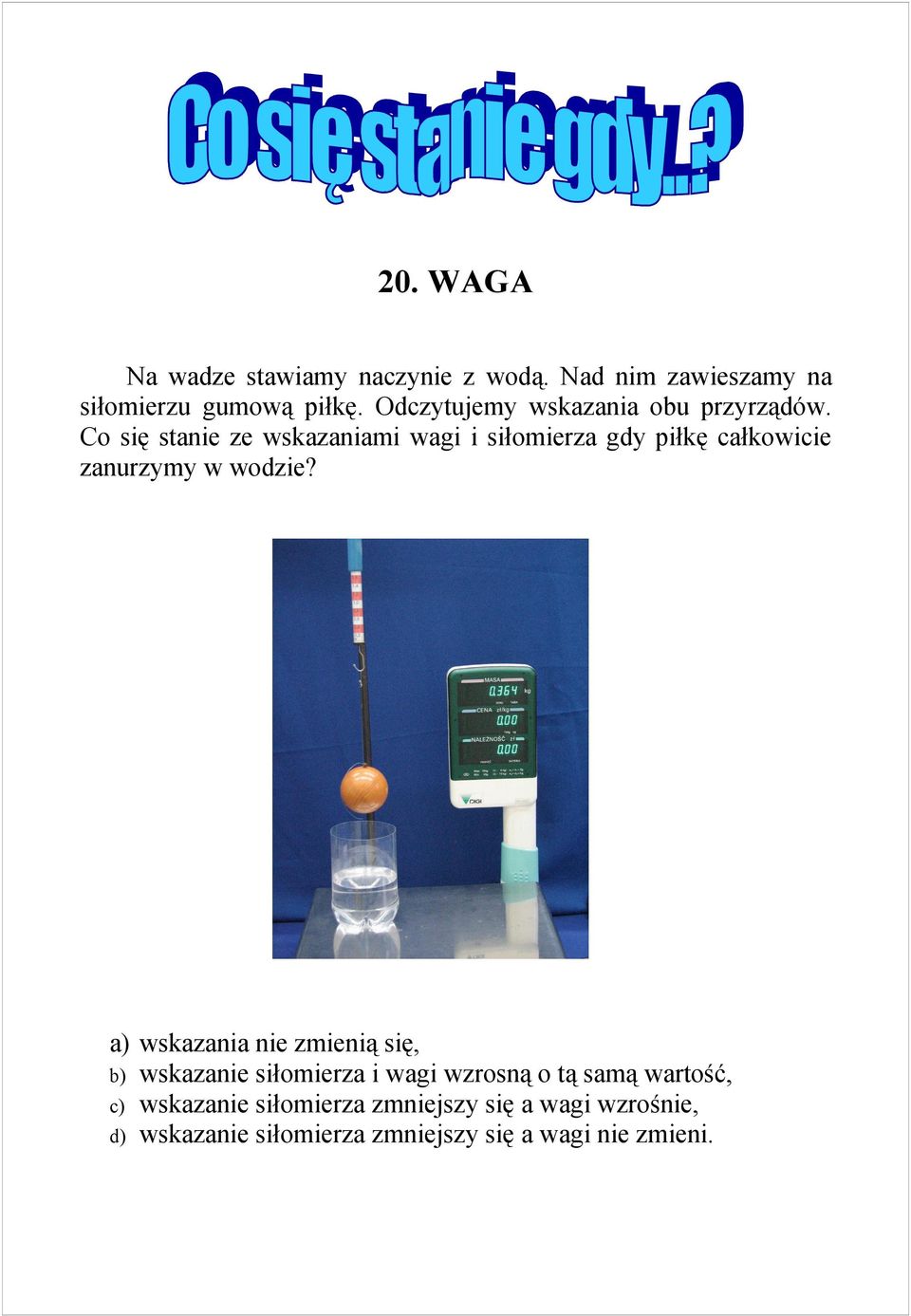 Co się stanie ze wskazaniami wagi i siłomierza gdy piłkę całkowicie zanurzymy w wodzie?