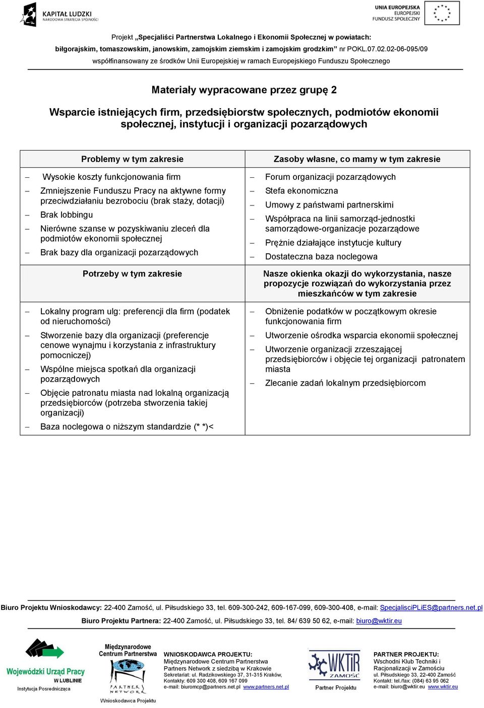 zleceń dla podmiotów ekonomii społecznej Brak bazy dla organizacji pozarządowych Stefa ekonomiczna Umowy z państwami partnerskimi Współpraca na linii samorząd-jednostki samorządowe-organizacje