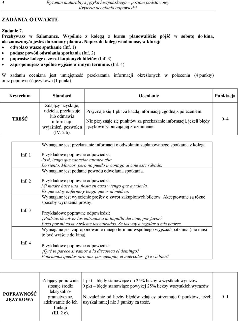 1) podasz powód odwołania spotkania (Inf. 2) poprosisz kolegę o zwrot kupionych biletów (Inf. 3) zaproponujesz wspólne wyjście w innym terminie. (Inf. 4) W zadaniu oceniana jest umiejętność przekazania informacji określonych w poleceniu (4 punkty) oraz poprawność językowa (1 punkt).