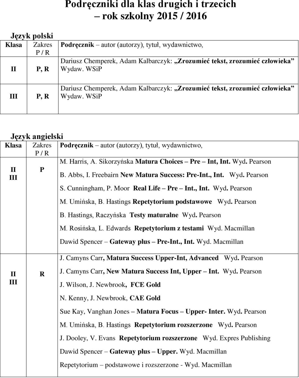 Freebairn New Matura Success: re-int., Int. Wyd. earson S. Cunningham,. Moor eal Life re Int., Int. Wyd. earson M. Umińska, B. Hastings epetytorium podstawowe Wyd. earson B.