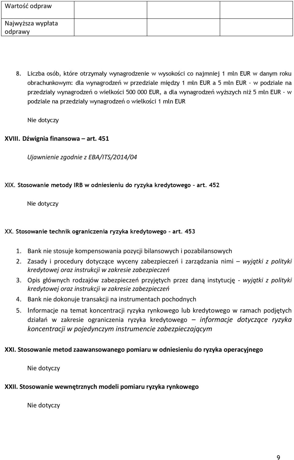 o wielkości 500 000 EUR, a dla wynagrodzeń wyższych niż 5 mln EUR w podziale na przedziały wynagrodzeń o wielkości 1 mln EUR XVIII. Dźwignia finansowa art.