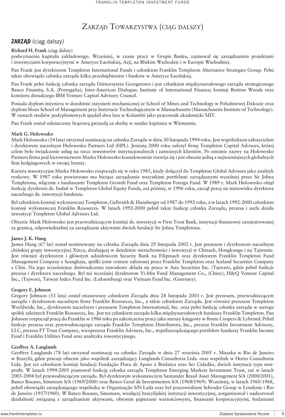 Pan Frank jest dyrektorem Templeton International Funds i członkiem Franklin Templeton Alternative Strategies Group.