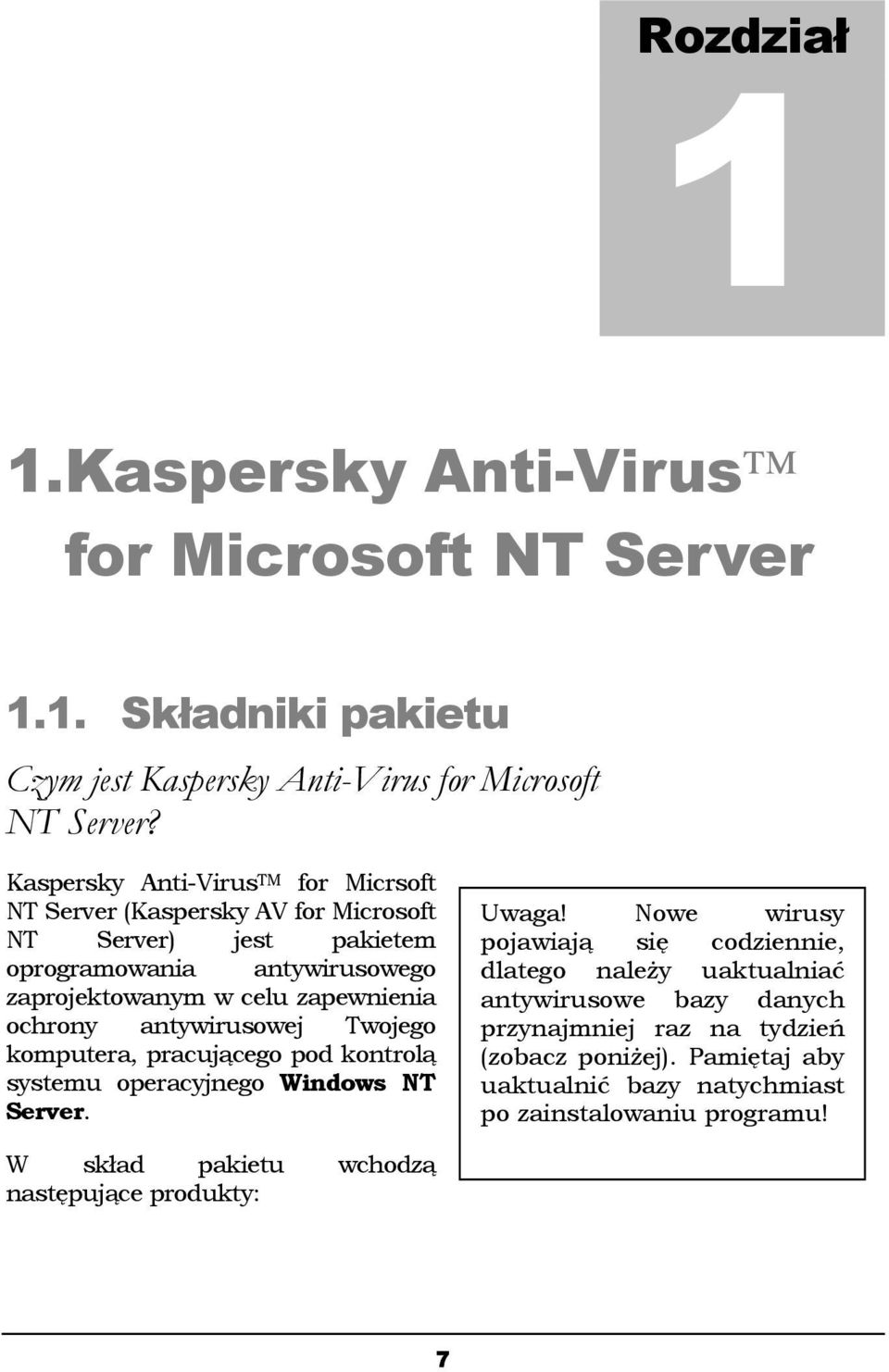 ochrony antywirusowej Twojego komputera, pracującego pod kontrolą systemu operacyjnego Windows NT Server. Uwaga!