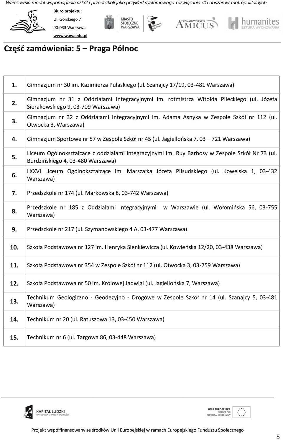 Jagiellooska 7, 03 721 5. 6. Liceum Ogólnokształcące z oddziałami integracyjnymi im. Ruy Barbosy w Zespole Szkół Nr 73 (ul. Burdzioskiego 4, 03-480 LXXVI Liceum Ogólnokształcące im.