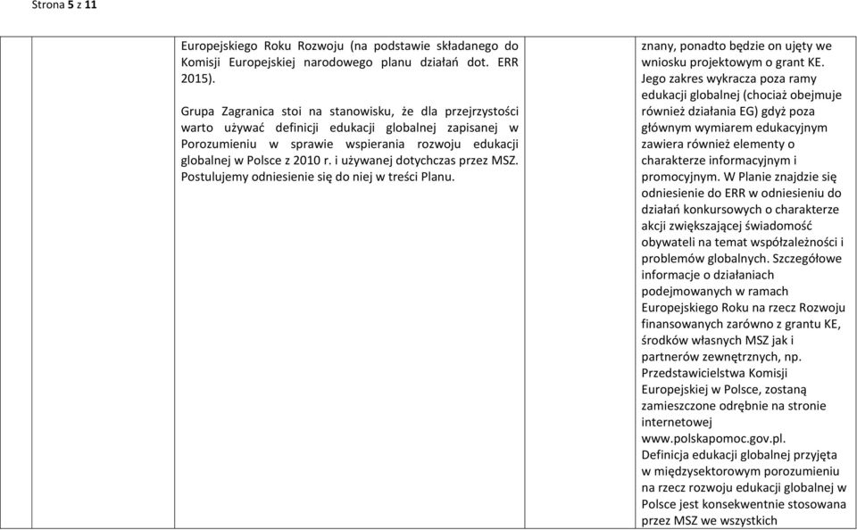 i używanej dotychczas przez MSZ. Postulujemy odniesienie się do niej w treści Planu. znany, ponadto będzie on ujęty we wniosku projektowym o grant KE.