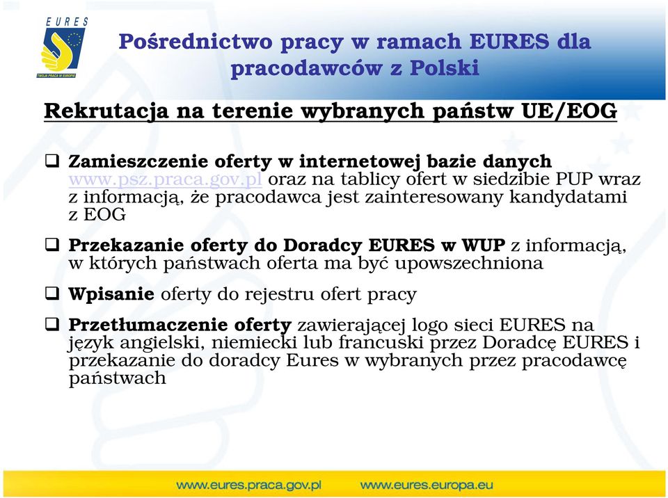 EURES w WUP z informacją, w których państwach oferta ma być upowszechniona Wpisanie oferty do rejestru ofert pracy Przetłumaczenie oferty