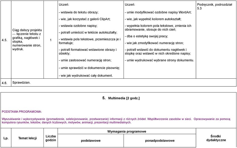 - wstawia ozdobne napisy; - potrafi umieścić w tekście autokształty; - wstawia pola tekstowe, przemieszcza je i formatuje; - potrafi formatować wstawione obrazy i obiekty; - wypełnia kolorem pola