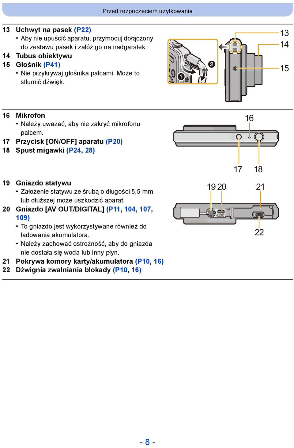 17 Przycisk [ON/OFF] aparatu (P20) 18 Spust migawki (P24, 28) 19 Gniazdo statywu Założenie statywu ze śrubą o długości 5,5 mm lub dłuższej może uszkodzić aparat.