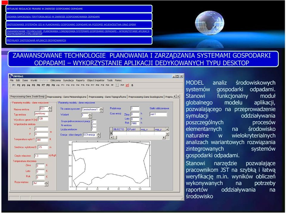 Stanowi funkcjonalny moduł globalnego modelu aplikacji, pozwalającego na przeprowadzenie symulacji oddziaływania poszczególnych procesów elementarnych na środowisko naturalne w