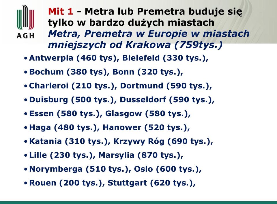 ), Duisburg (500 tys.), Dusseldorf (590 tys.), Essen (580 tys.), Glasgow (580 tys.), Haga (480 tys.), Hanower (520 tys.