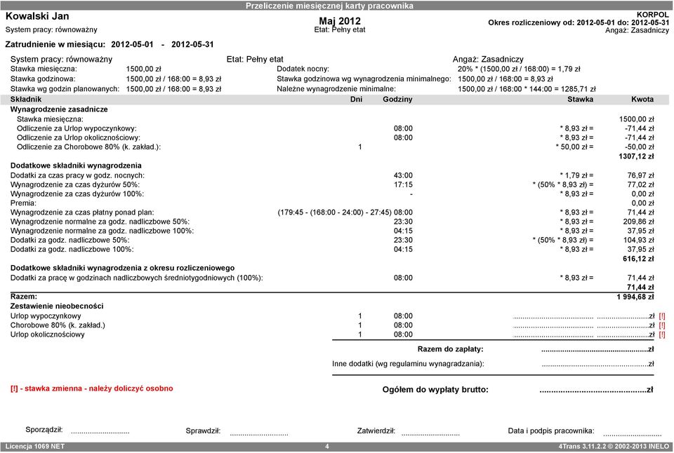 44:00 = 285,7 zł Składnik Dni Godziny Stawka Kwota Wynagrodzenie zasadnicze Stawka miesięczna: 500,00 zł Odliczenie za Urlop wypoczynkowy: 08:00 * 8,93 zł = -7,44 zł Odliczenie za Urlop