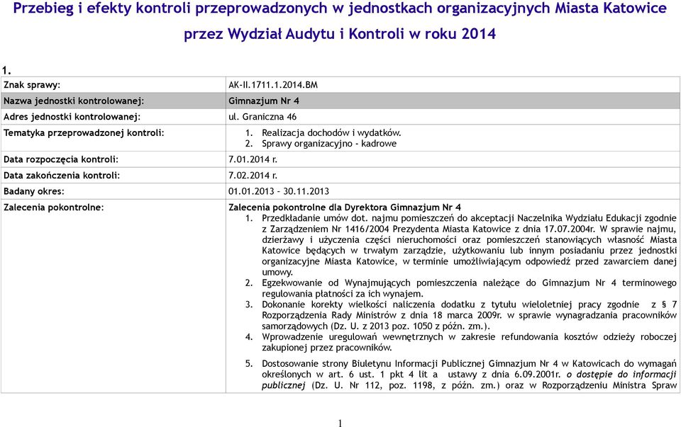 2. Sprawy organizacyjno - kadrowe Data rozpoczęcia kontroli: 7.01.2014 r. Data zakończenia kontroli: 7.02.2014 r. Badany okres: 01.01.2013 30.11.