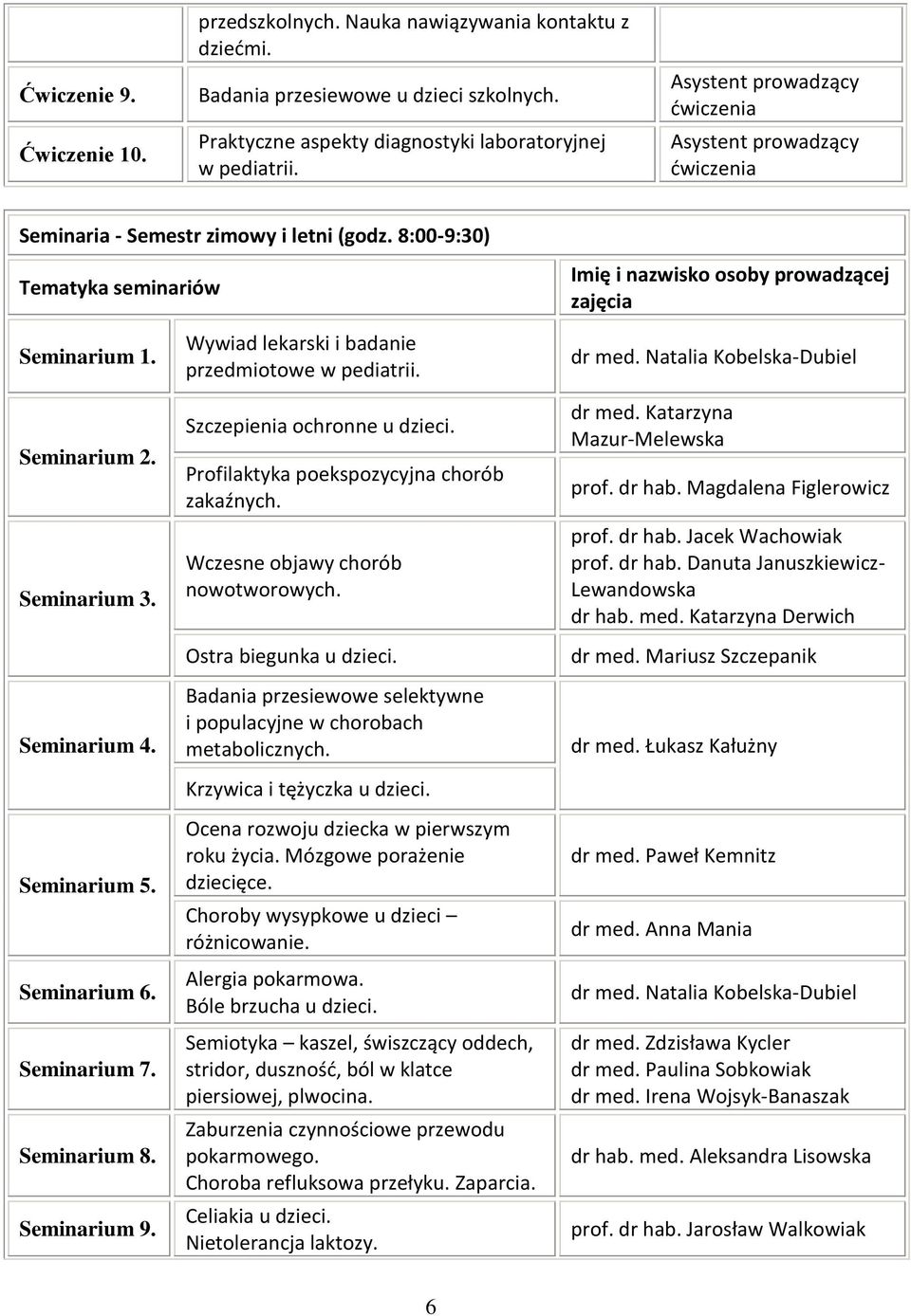 Seminarium 5. Seminarium 6. Seminarium 7. Seminarium 8. Seminarium 9. Wywiad lekarski i badanie przedmiotowe w pediatrii. Szczepienia ochronne u dzieci. Profilaktyka poekspozycyjna chorób zakaźnych.