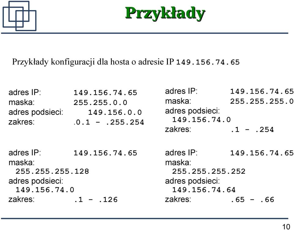 156.74.0 zakres:.1 -.126 adres IP: 149.156.74.65 maska: 255.255.255.252 adres podsieci: 149.156.74.64 zakres:.