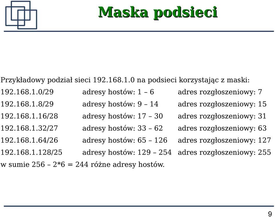 168.1.64/26 adresy hostów: 65 126 adres rozgłoszeniowy: 127 192.168.1.128/25 adresy hostów: 129 254 adres rozgłoszeniowy: 255 w sumie 256 2*6 = 244 różne adresy hostów.