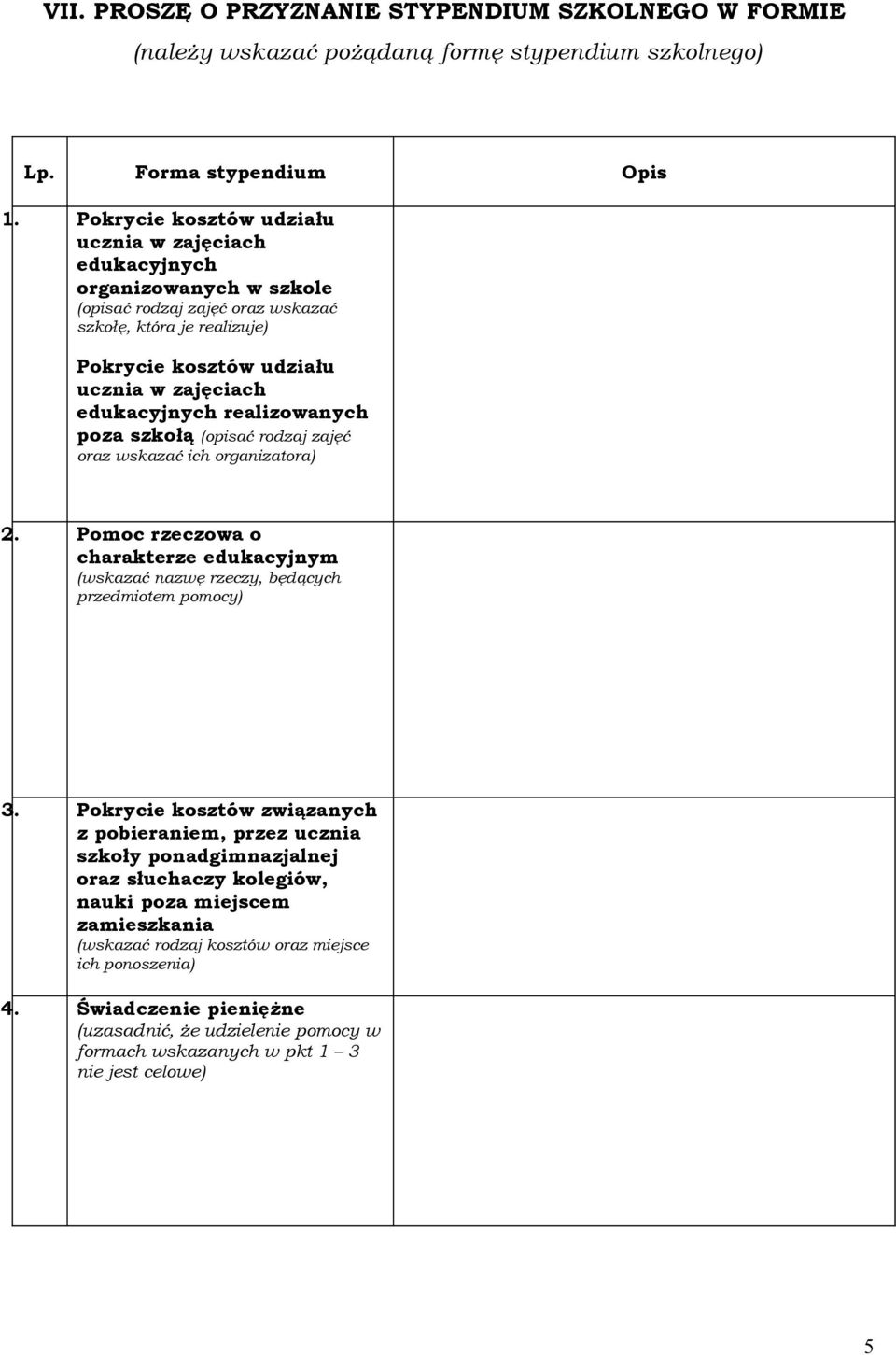 realizowanych poza szkołą (opisać rodzaj zajęć oraz wskazać ich organizatora) 2. Pomoc rzeczowa o charakterze edukacyjnym (wskazać nazwę rzeczy, będących przedmiotem pomocy) 3.