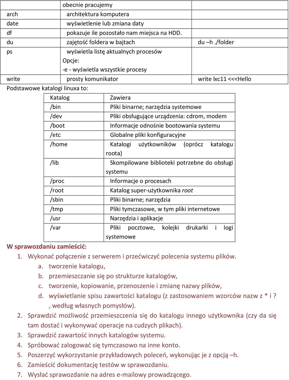 /lib /proc /root /sbin /tmp /usr Zawiera Pliki binarne; narzędzia systemowe Pliki obsługujące urządzenia: cdrom, modem Informacje odnośnie bootowania systemu Globalne pliki konfiguracyjne Katalogi