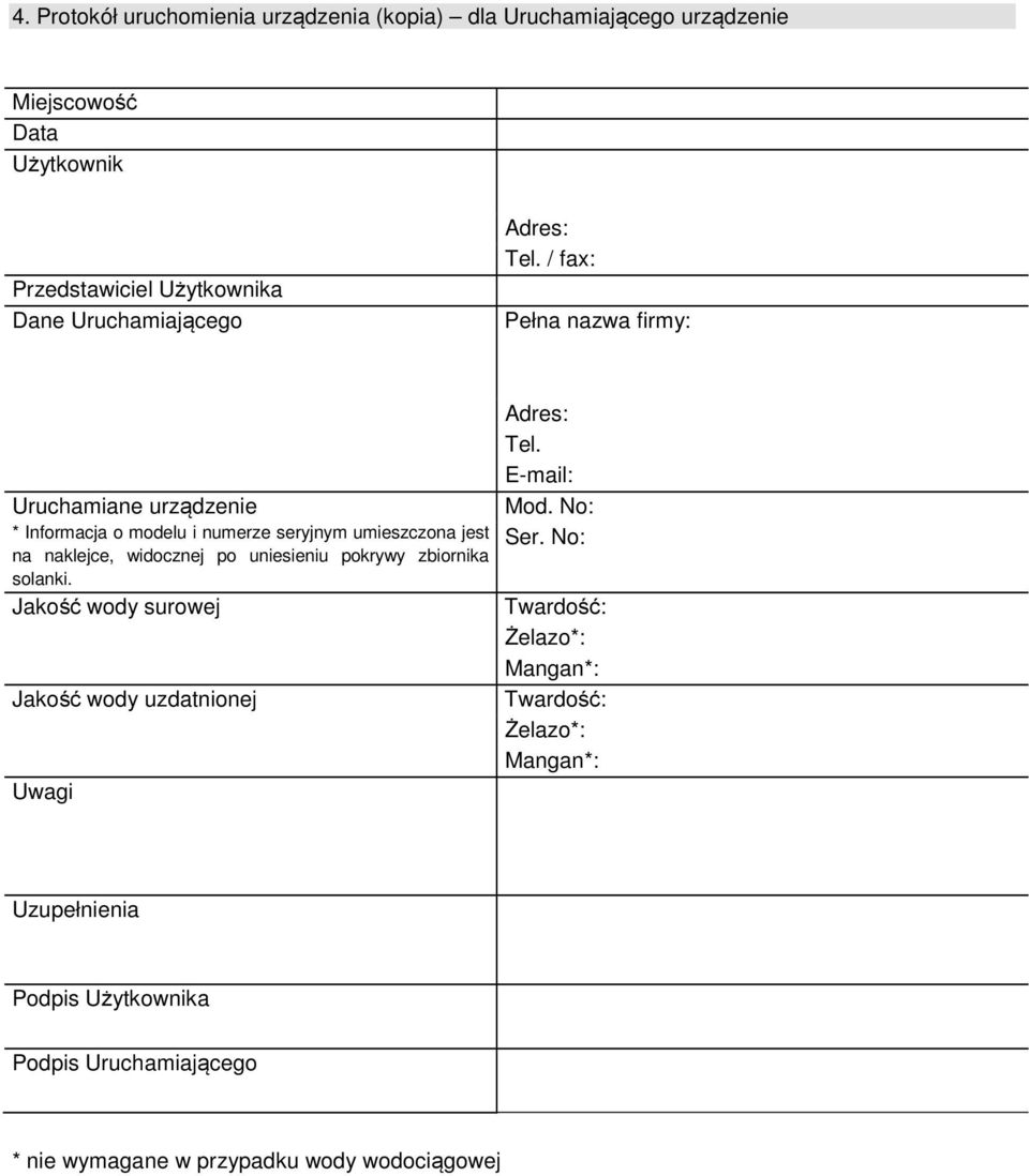 / fax: Pełna nazwa firmy: Uruchamiane urządzenie * Informacja o modelu i numerze seryjnym umieszczona jest na naklejce, widocznej po uniesieniu