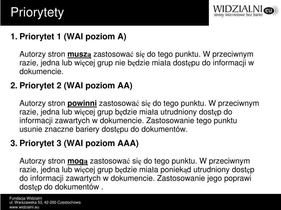 Priorytet 2 (WAI poziom AA) Autorzy stron powinni zastosować się do tego punktu.