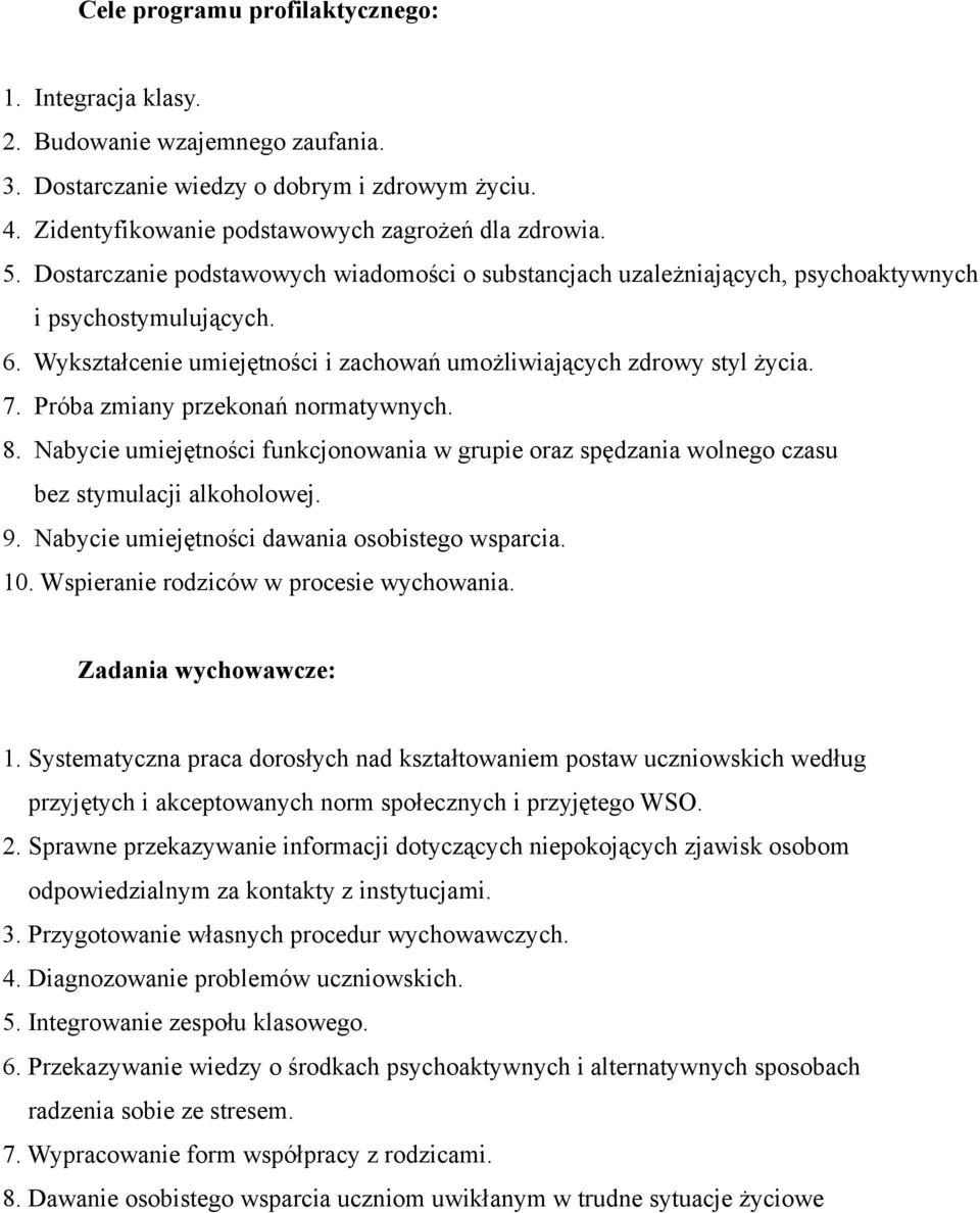 Próba zmiany przekonań normatywnych. 8. Nabycie umiejętności funkcjonowania w grupie oraz spędzania wolnego czasu bez stymulacji alkoholowej. 9. Nabycie umiejętności dawania osobistego wsparcia. 10.