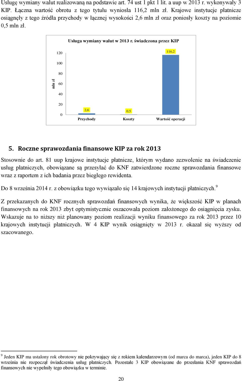 świadczona przez KIP 12 116,2 1 8 6 4 2 2,6,5 Przychody Koszty Wartość operacji 5. Roczne sprawozdania finansowe KIP za rok 213 Stosownie do art.