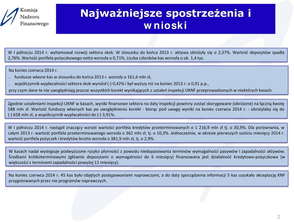 wzrosły o 161,6 mln zł, współczynnik wypłacalności sektora skok wyniósł (-) 0,42% i był wyższy niż na koniec 2013 r. o 0,91 p.p., przy czym dane te nie uwzględniają jeszcze wszystkich korekt wynikających z ustaleń inspekcji UKNF przeprowadzonych w niektórych kasach.