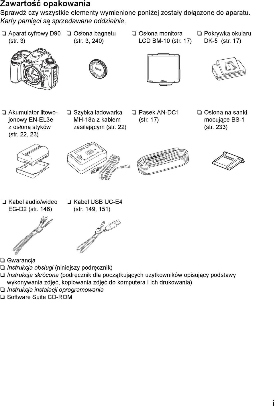 22) Pasek AN-DC1 (str. 17) Osłona na sanki mocujące BS-1 (str. 233) Kabel audio/wideo EG-D2 (str. 146) Kabel USB UC-E4 (str.