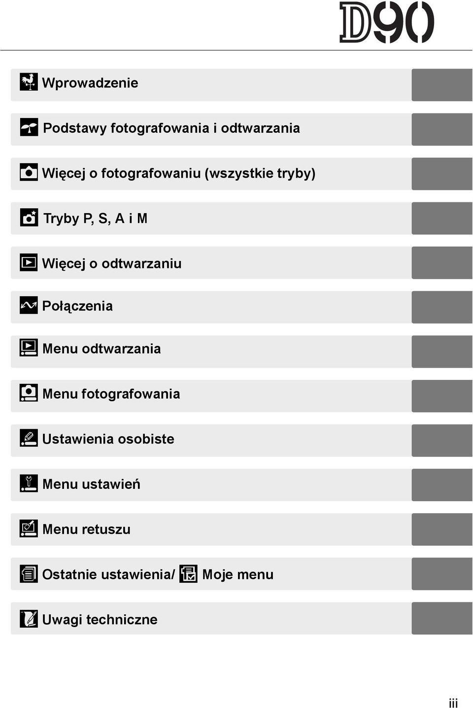 Q Połączenia o Menu odtwarzania i Menu fotografowania L Ustawienia osobiste