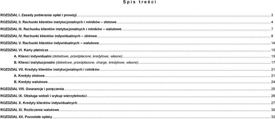 Karty płatnicze... 15 A. Klienci indywidualni (debetowe, przedpłacone, kredytowe, własne)... 15 B. Klienci instytucjonalni (debetowe, przedpłacone, charge, kredytowe, własne)... 17 ROZDZIAŁ VII.