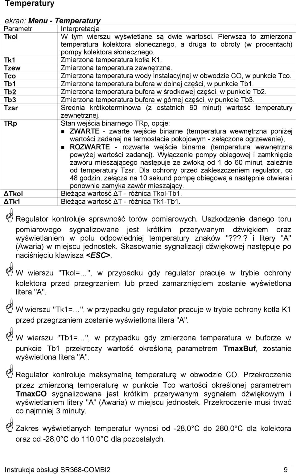 Tco Zmierzona temperatura wody instalacyjnej w obwodzie CO, w punkcie Tco. Tb1 Zmierzona temperatura bufora w dolnej części, w punkcie Tb1.