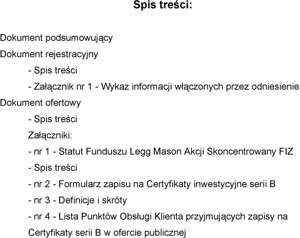 Akcji Skoncentrowany FIZ - Spis treści - nr 2 - Formularz zapisu na Certyfikaty inwestycyjne serii B - nr 3 -