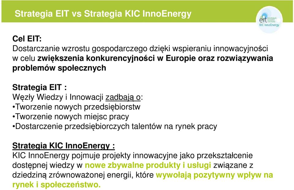 miejsc pracy Dostarczenie przedsiębiorczych talentów na rynek pracy Strategia KIC InnoEnergy : KIC InnoEnergy pojmuje projekty innowacyjne jako