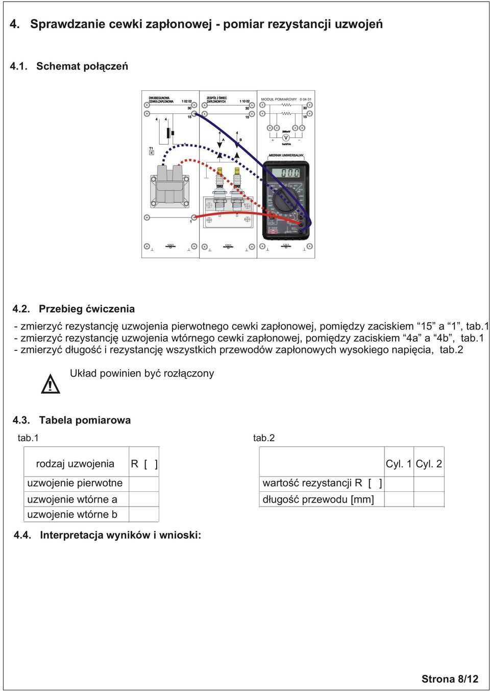 - zmierzyæ rezystancjê uzwojenia wtórnego cewki zap³onowej, pomiêdzy zaciskiem 4a a 4b, tab.