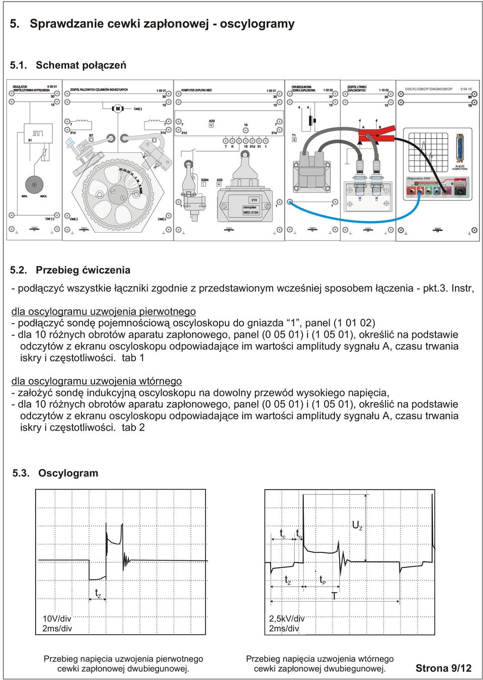 Instr, dla oscylogramu uzwojenia pierwotnego - pod³¹czyæ sondê pojemnoœciow¹ oscyloskopu do gniazda, panel ( 0 02) - dla 0 ró nych obrotów aparatu zap³onowego, panel (0 05 0) i ( 05 0), okreœliæ na