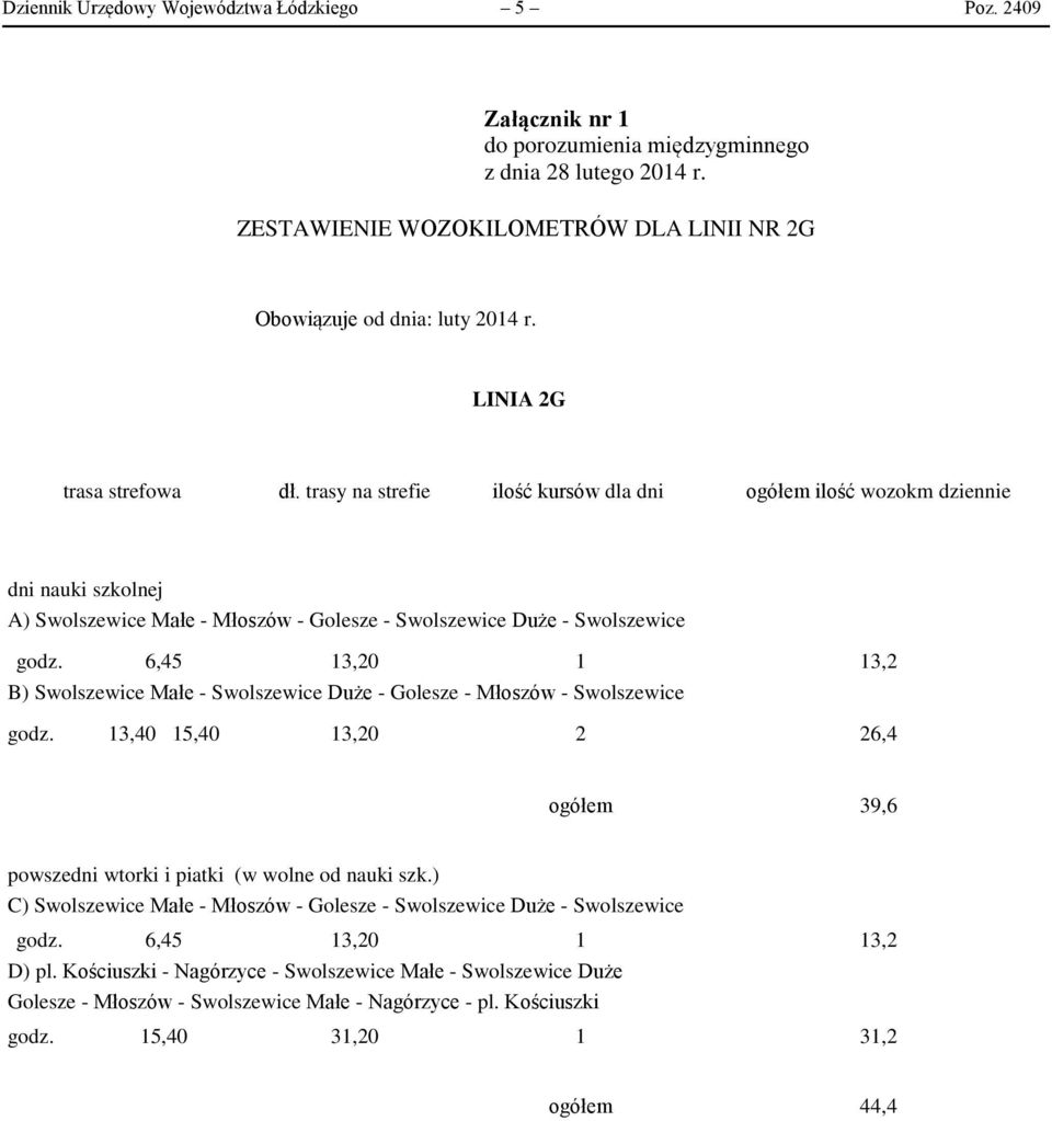 6,45 13,20 1 13,2 B) Swolszewice Małe - Swolszewice Duże - Golesze - Młoszów - Swolszewice godz. 13,40 15,40 13,20 2 26,4 ogółem 39,6 powszedni wtorki i piatki (w wolne od nauki szk.