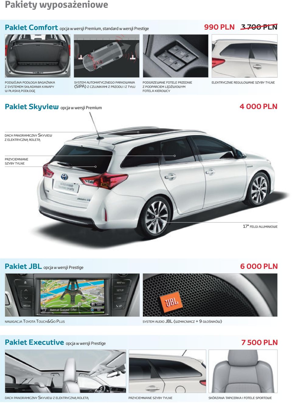 wersji Premium 4 000 PLN dach panoramiczny Skyview z elektryczną roletą przyciemniane szyby tylne 17" felgi aluminiowe Pakiet JBL opcja w wersji Prestige 6 000 PLN nawigacja Toyota Touch&Go
