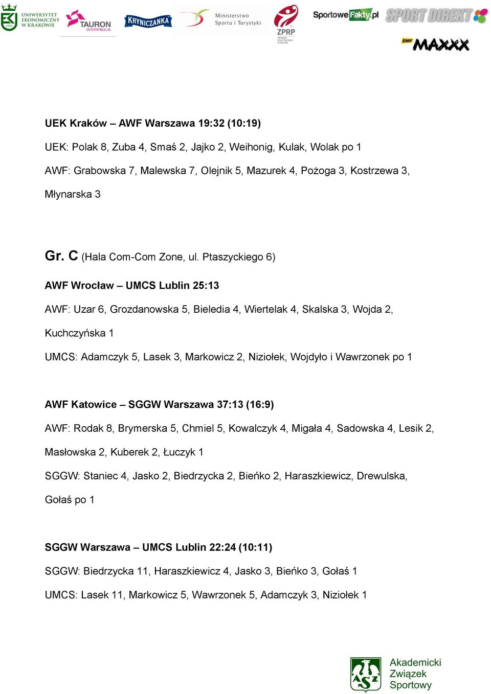 Ptaszyckiego 6) AWF Wrocław UMCS Lublin 25:13 AWF: Uzar 6, Grozdanowska 5, Bieledia 4, Wiertelak 4, Skalska 3, Wojda 2, Kuchczyńska 1 UMCS: Adamczyk 5, Lasek 3, Markowicz 2, Niziołek, Wojdyło i