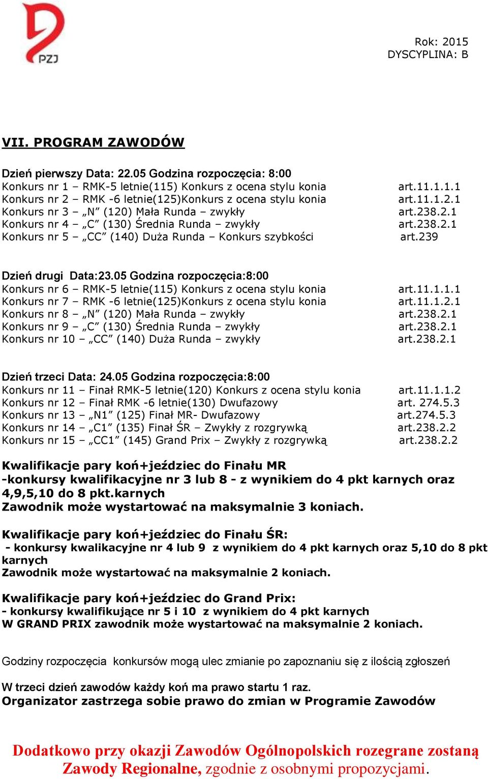 C (130) Średnia Runda zwykły Konkurs nr 5 CC (140) Duża Runda Konkurs szybkości art.11.1.1.1 art.11.1.2.1 art.238.2.1 art.238.2.1 art.239 Dzień drugi Data:23.