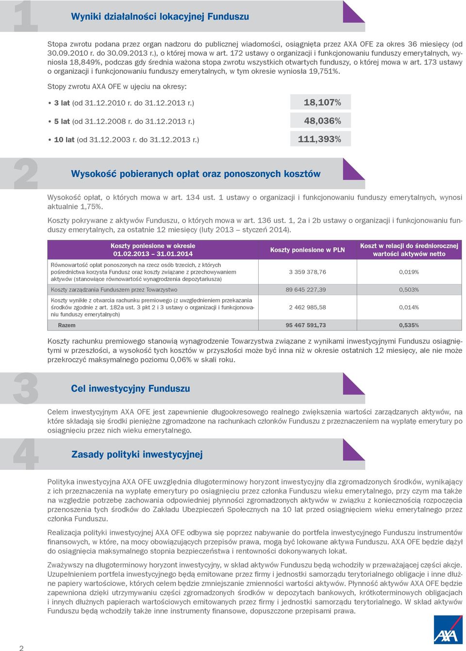 173 ustawy o organizacji i funkcjonowaniu funduszy emerytalnych, w tym okresie wyniosła 19,751%. Stopy zwrotu AXA OFE w ujęciu na okresy: 3 lat (od 31.12.2010 r. do 31.12.2013 r.