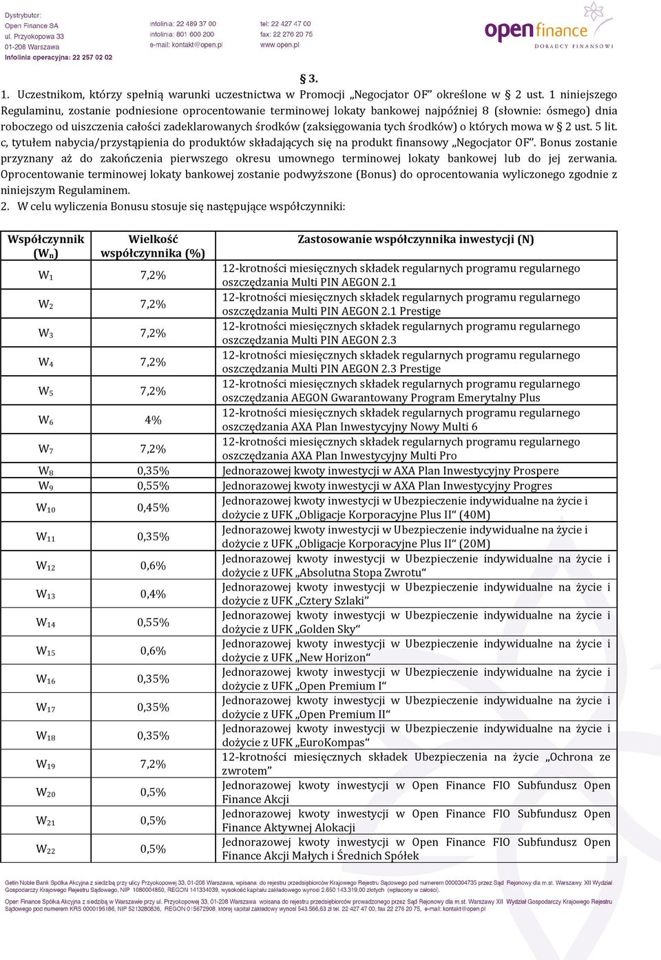 tych środków) o których mowa w 2 ust. 5 lit. c, tytułem nabycia/przystąpienia do produktów składających się na produkt finansowy Negocjator OF.