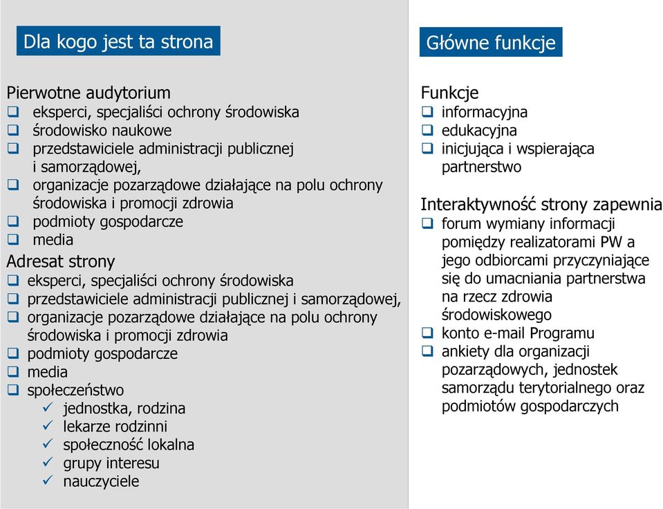 samorządowej, organizacje pozarządowe działające na polu ochrony środowiska i promocji zdrowia podmioty gospodarcze media społeczeństwo jednostka, rodzina lekarze rodzinni społeczność lokalna grupy