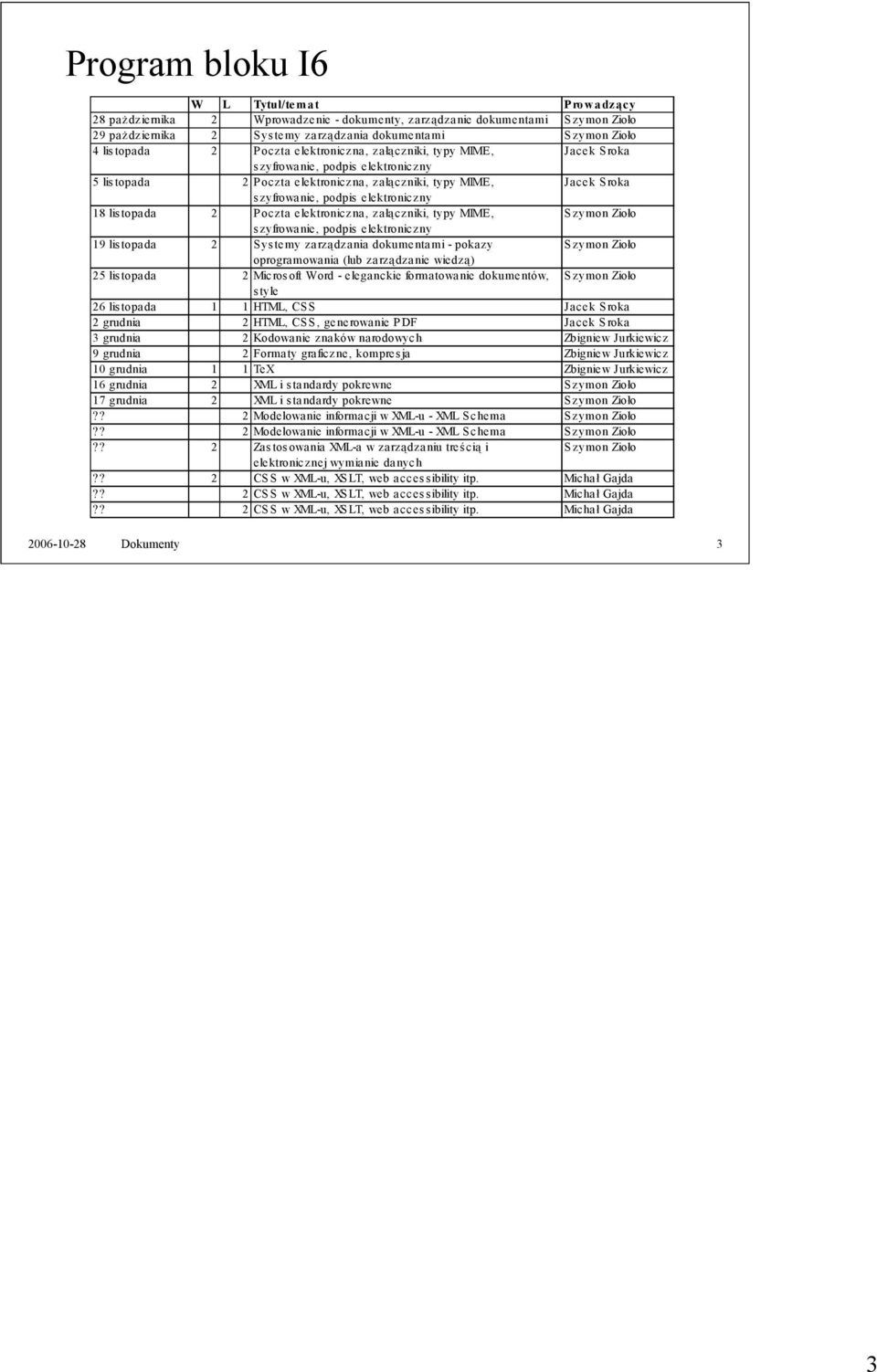 elektroniczny 18 lis topada 2 P oczta elektroniczna, załączniki, typy MIME, Szymon Zioło szyfrowanie, podpis elektroniczny 19 lis topada 2 S ys temy zarządzania dokumentami - pokazy Szymon Zioło