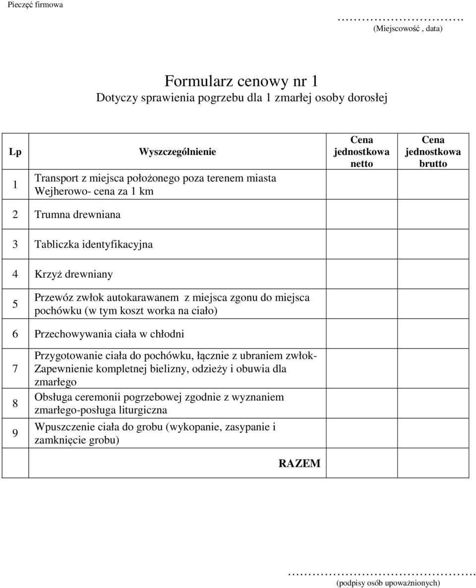 cena za 1 km netto brutto 2 Trumna drewniana 3 Tabliczka identyfikacyjna 4 Krzyż drewniany 5 Przewóz zwłok autokarawanem z miejsca zgonu do miejsca pochówku (w tym koszt worka na