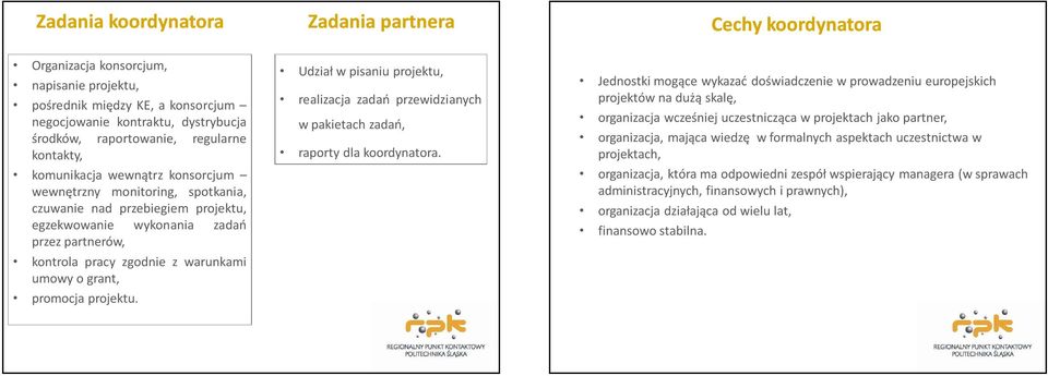 warunkami umowy o grant, promocja projektu. Udział w pisaniu projektu, realizacja zadań przewidzianych w pakietach zadań, raporty dla koordynatora.