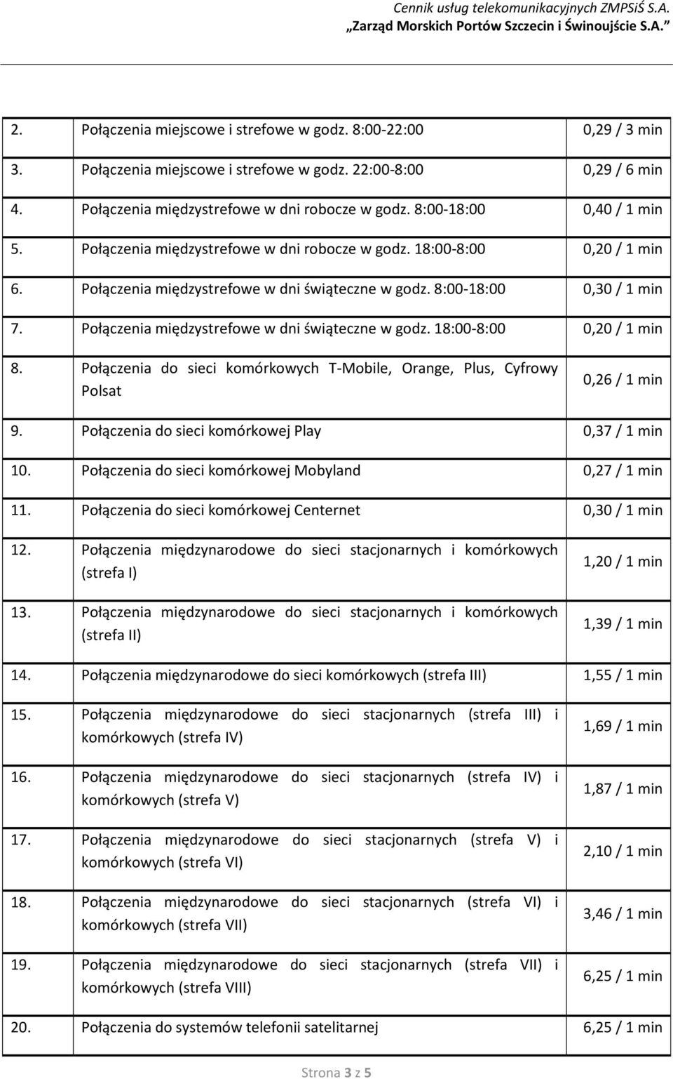 Połączenia międzystrefowe w dni świąteczne w godz. 18:00-8:00 0,20 / 1 min 8. Połączenia do sieci komórkowych T-Mobile, Orange, Plus, Cyfrowy Polsat 0,26 / 1 min 9.