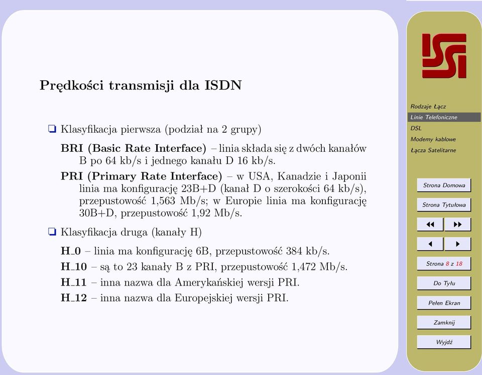 PRI (Primary Rate Interface) w USA, Kanadzie i Japonii linia ma konfigurację 23B+D (kanał D o szerokości 64 kb/s), przepustowość 1,563 Mb/s; w Europie