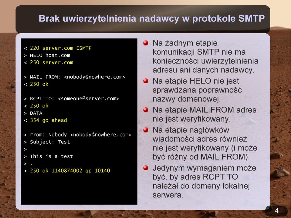 < 250 ok 1140874002 qp 10140 Na żadnym etapie komunikacji SMTP nie ma konieczności uwierzytelnienia adresu ani danych nadawcy.