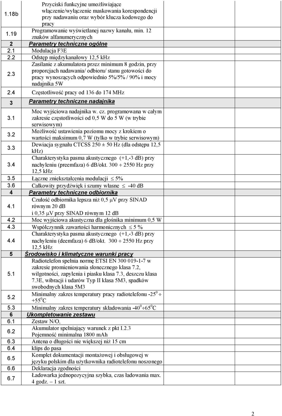 3 Zasilanie z akumulatora przez minimum 8 godzin, przy proporcjach nadawania/ odbioru/ stanu gotowości do pracy wynoszących odpowiednio 5%/5% / 90% i mocy nadajnika 5W 2.