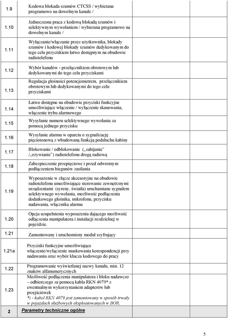 Wyłączanie/włączanie przez użytkownika, blokady szumów i kodowej blokady szumów dedykowanym do tego celu przyciskiem łatwo dostępnym na obudowie radiotelefonu Wybór kanałów - przełącznikiem obrotowym